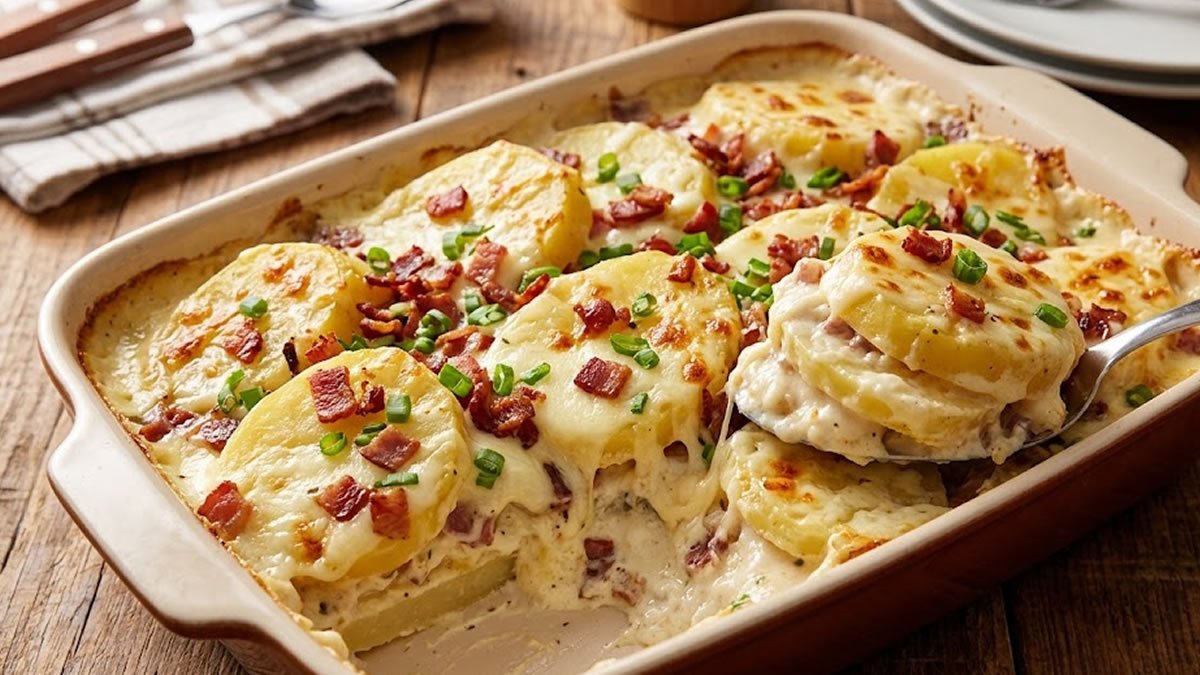 Batata recheada na travessa cremosa