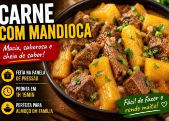 Prato de carne com mandioca cozida e temperada
