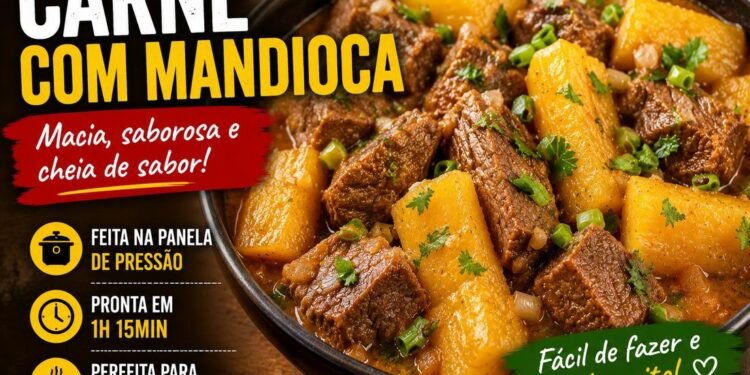 Prato de carne com mandioca cozida e temperada