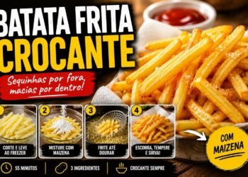 Porção de batatas fritas douradas e crocantes