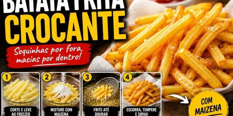 Porção de batatas fritas douradas e crocantes