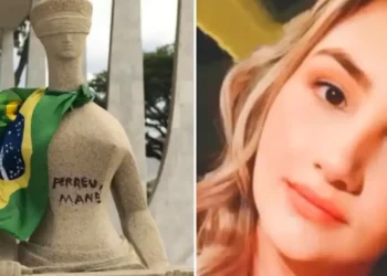Estátua da Justiça pichada durante os atos golpistas