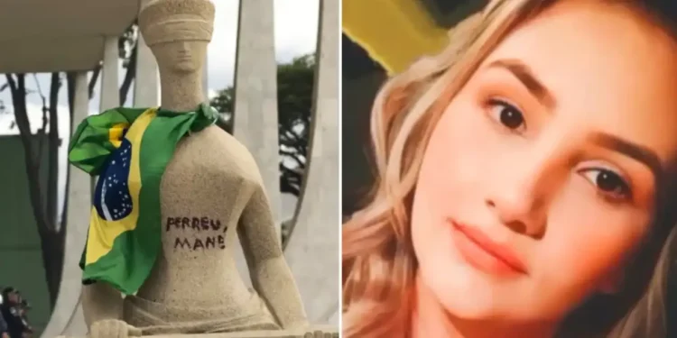 Estátua da Justiça pichada durante os atos golpistas