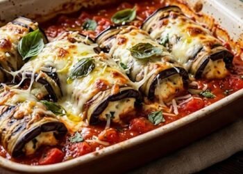 Rolinhos de berinjela com molho marinara